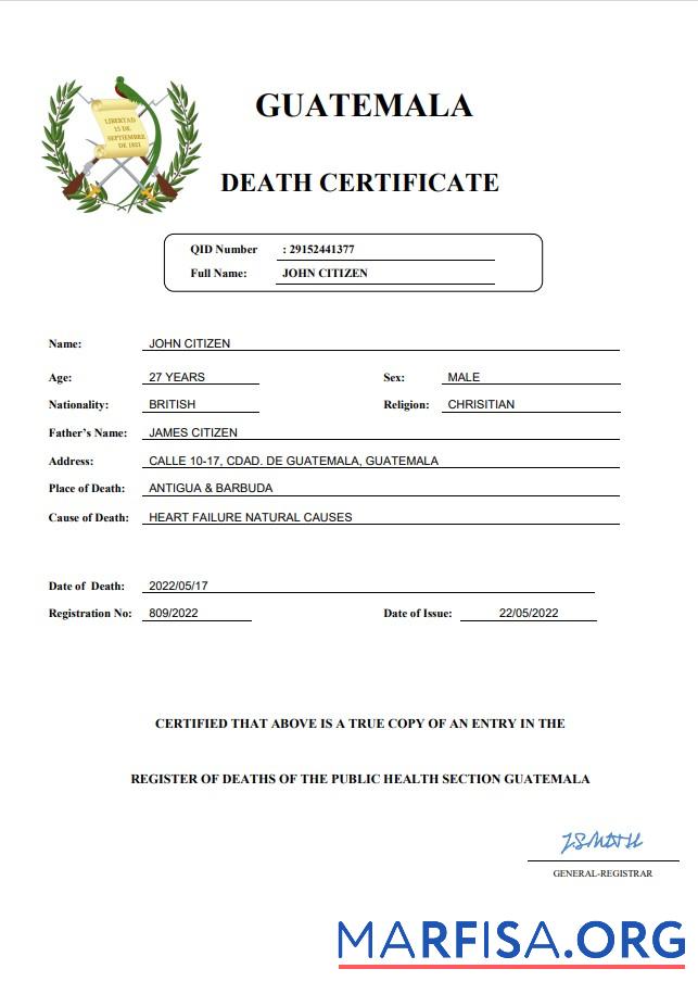 Printable Guatemala death certificate Word and PDF template